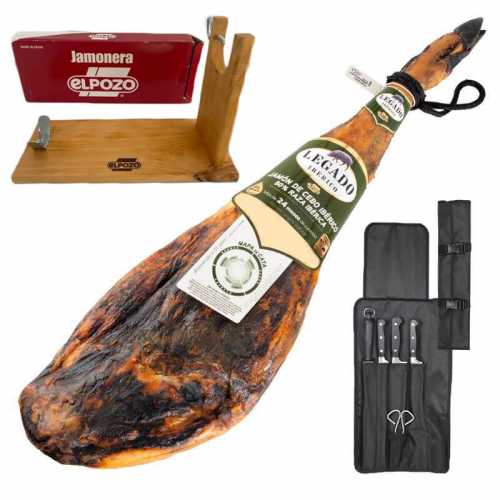 Lot Héritage Sélection Gourmet Jambon de cebo ibérique 50% + Support à jambon + Couverture assortiment de couteaux à jambon