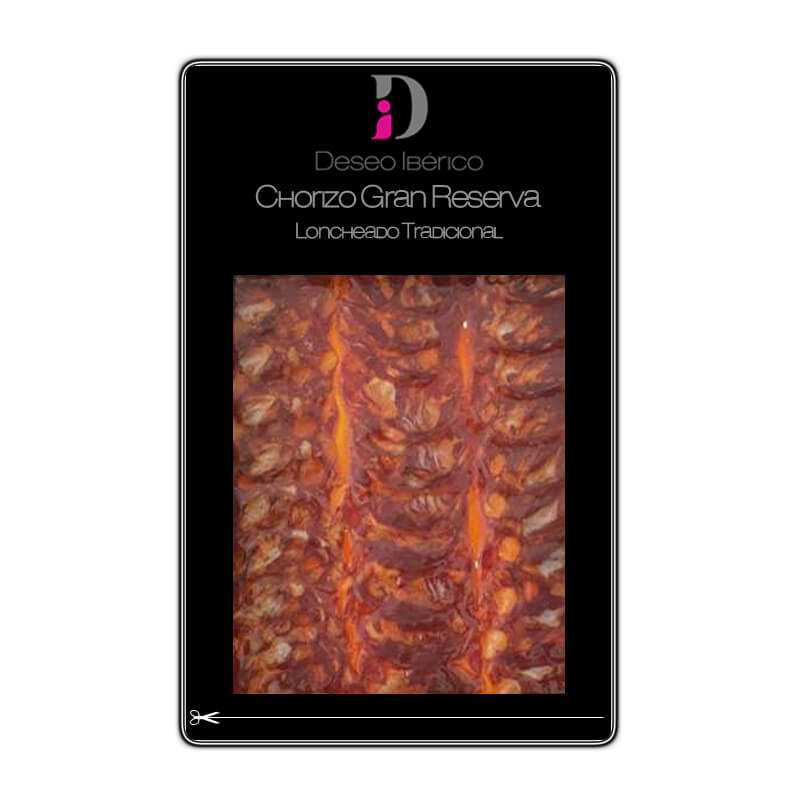 Chorizo Gran Reserva DESEO IBÉRICO Tranché -- "TOTALEMENT NATUREL" -- Dans un sachet de 100 gr. Approx. Poids Net