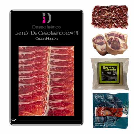 Lote Jamón de Cebo Ibérico 50% Raza Ibérica Deseo Ibérico Loncheado + Regalos