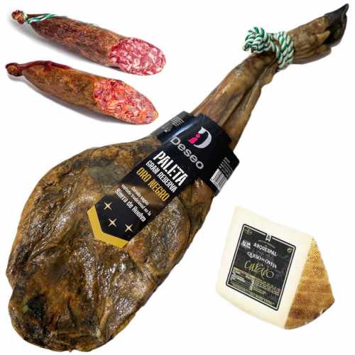 Pack 50 Paleta Gran Reserva DESEO Oro Negro Selección Sierra de Huelva + Cuña Queso + Embutidos Ibéricos